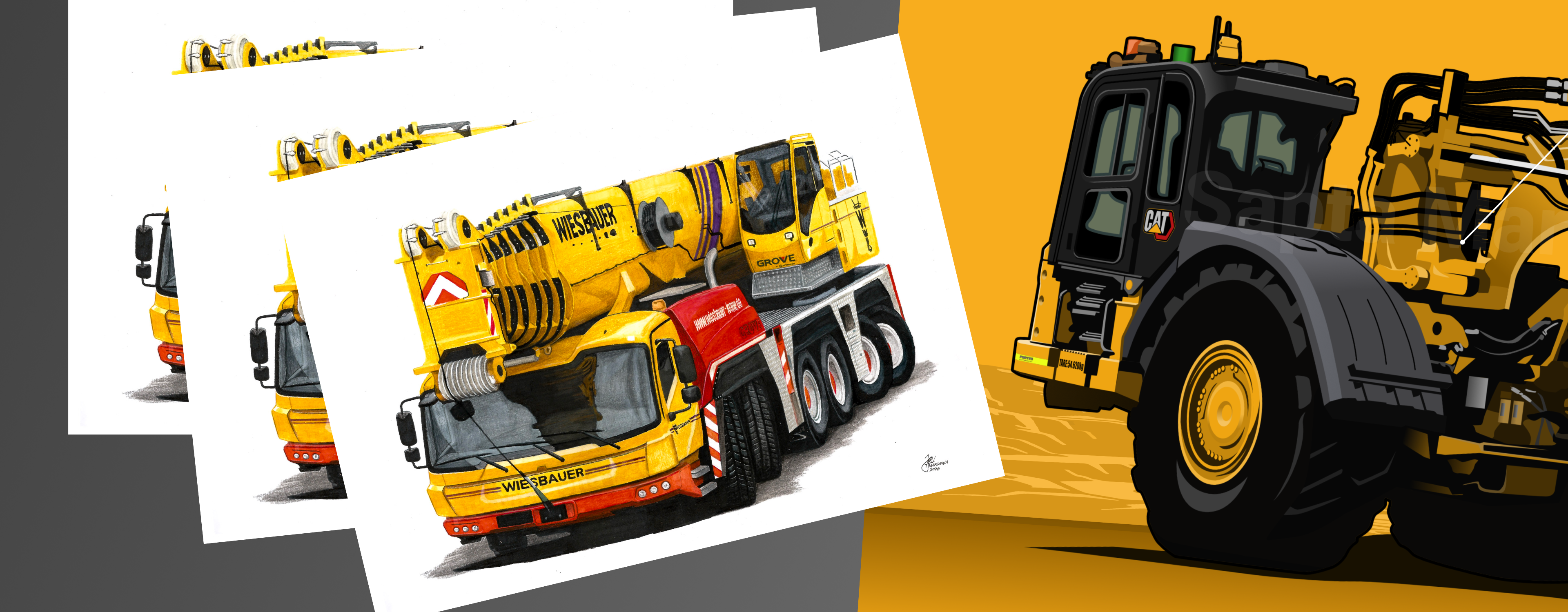 Pencil drawings of a Wiesbauer mobile crane beside a CAT compactor illustration